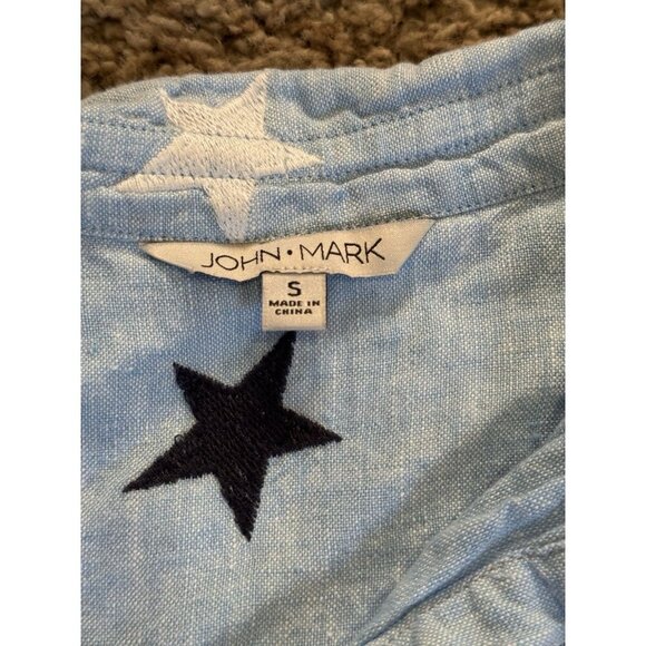 JOHN MARK 100% Linen Embroidered Navy Red White Stars Button Front Knot Boho S - Picture 3 of 9